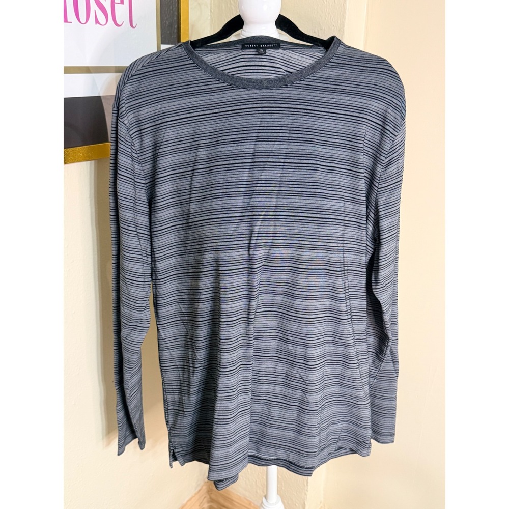 Robert Barakett Mens XL Grey Black Striped Long Sleeve Crewneck Tee Shirt
